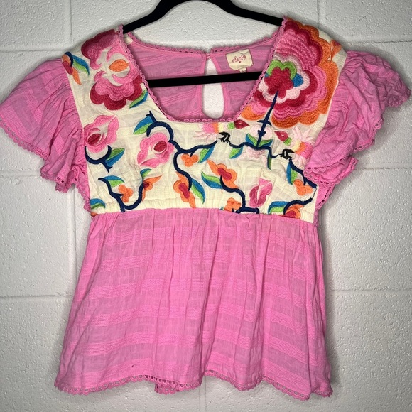 Anthropologie Plenty Tracy Reese Babydoll Top M Pink Boho Floral Embroidered - Picture 3 of 6